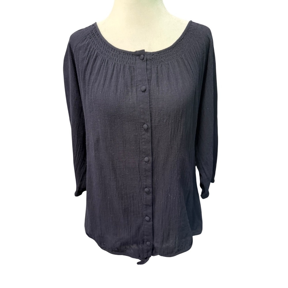 New York & Company Black Cotton Gauze Smocked Button Front Blouse Medium